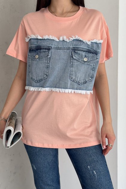 Women's Powder Double Pocket Tasseled Denim Detailed Design Cotton T-Shirt
