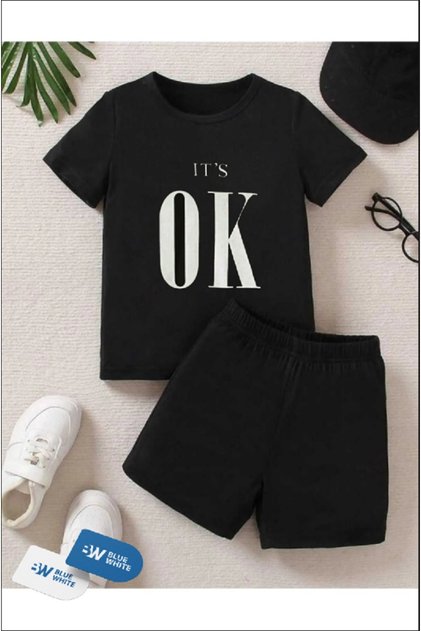 Boy/Girl '' OK '' Printed T-Shirt-Shorts Set