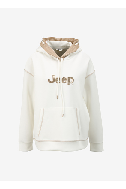 Jeep Kırık Beyaz Kadın Kapüşonlu Loose Fit Baskılı Sweatshirt J4SL