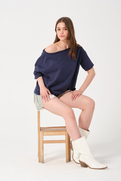 Women's Navy Blue Off Shoulder T-shirt