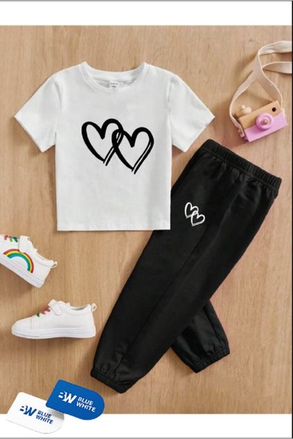 Boys/Girls' '' DOUBLE HEART'' Printed T-Shirt-Sweatpants Set
