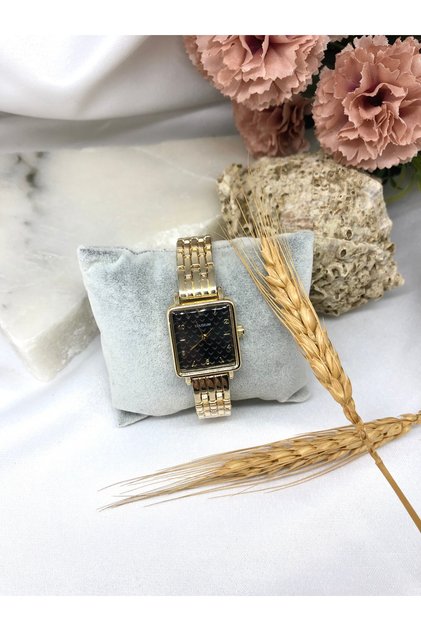 Rectangular Design Gold Inside Black Women's Wristwatch