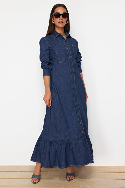 Trendyol Collection Dark Blue Maxi Denim Dress - Modest, TWOSS24EL00768-  Trendyol