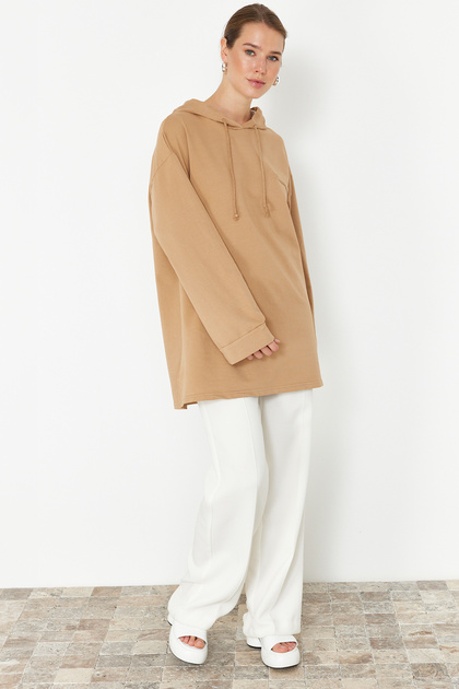 Brown Acid Washed Hooded Oversize Knitted Sweatshirt Tctss24Tw00006