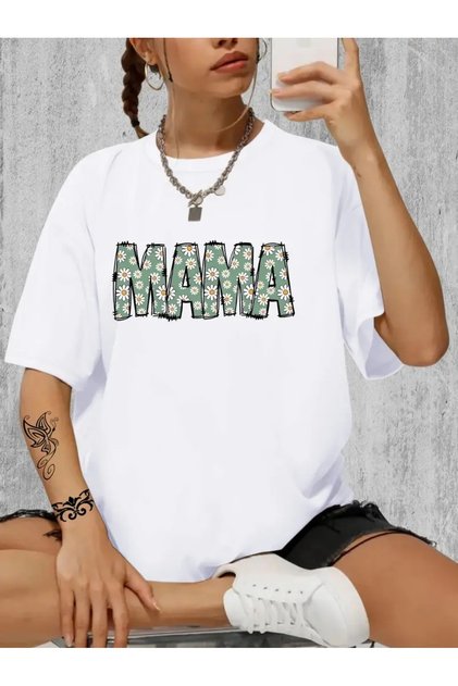 Women's Mother / Mama / Mother Printed White Casual Oversize Boyfirend T-shirt