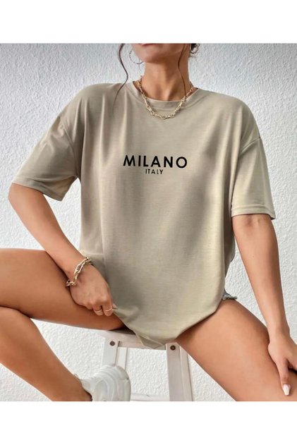Oversize BEIGE Colored MILAN Printed Relaxed Cut T-shirt