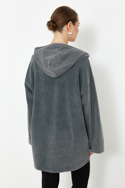 Trendyolmilla Modest Antrasit Asit Yıkamalı Kapüşonlu Oversize