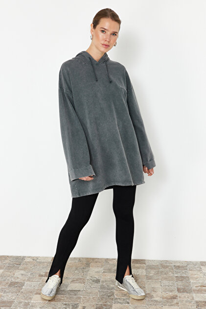 Trendyolmilla Modest Antrasit Asit Yıkamalı Kapüşonlu Oversize