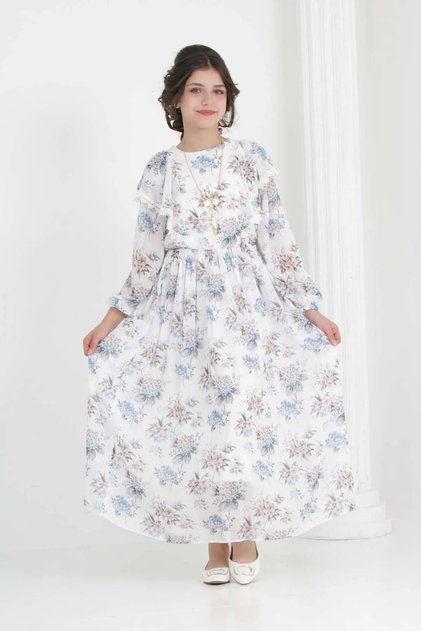 Girl's Lined Full-Length Floral Patterned Long Chiffon Dress with Non-Interior Necklace Detail