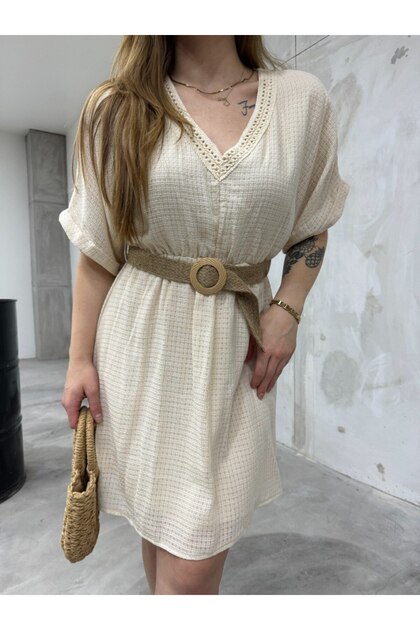 Women's V-Neck Elastic Waist Belted Linen Summer Dress