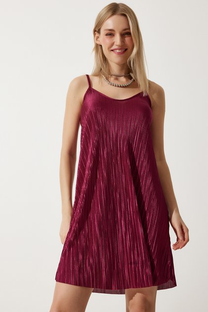 Women's Red Strappy Pleated Summer Mini Knitted Dress DZ00119