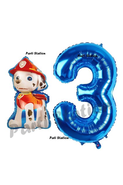 Paw Patrol Fire Dog Marshall 3rd Birthday Balloon and Navy Blue Number Balloon Set