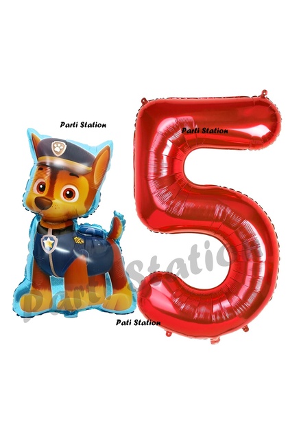 Paw Patrol Balloons, Paw Patrol Police Dog Chase 5 Years Old Balloons, and Red Number Balloons Birthday Set