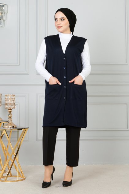Women's Navy Blue Mother Long Slim Buttoned Pocket Combed Cotton Vest Mother's Day