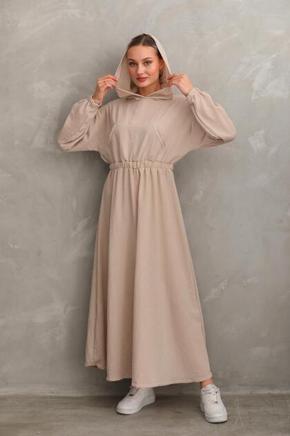 westbound Women's Summer Linen Hijab Sports Dress with Hooded Waist and  Drawstring Pocket BEIGE- Trendyol