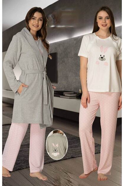 Women's Pink Patterned Short-Sleeved Cotton Maternity and Postpartum Robe and Pajama Set