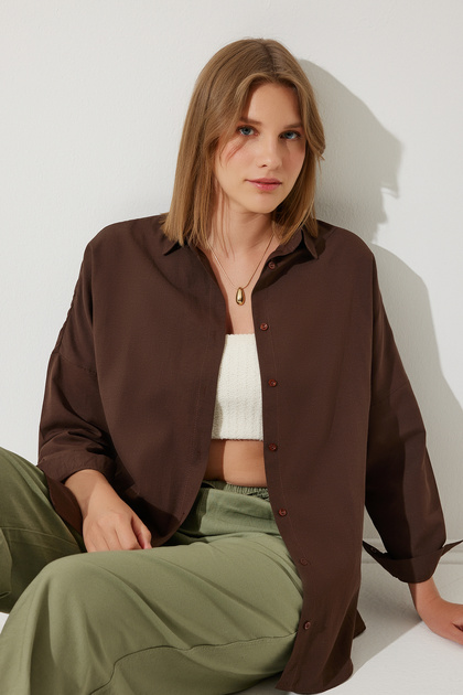 Women's Bitter Brown Oversized Long Basic Shirt DD00842