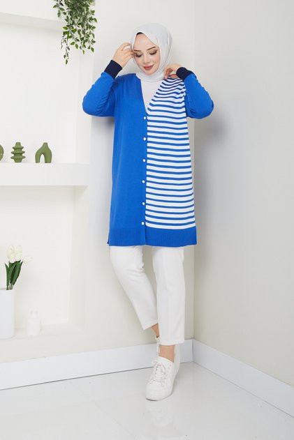 Women's Mercerized Stripe Detailed Striped Knitwear Cardigan