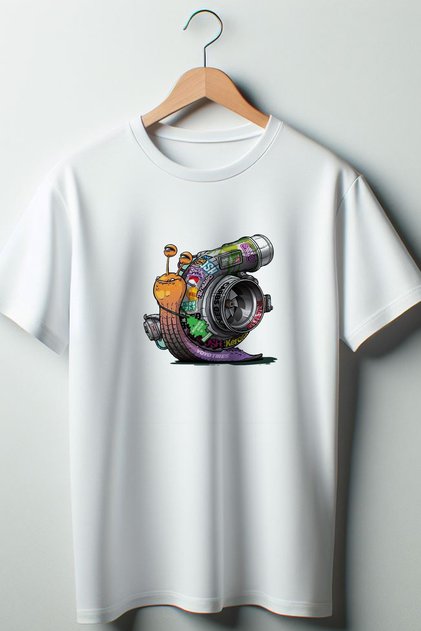 تي شيرت أبيض برقبة دائرية كبير الحجم مطبوع عليه Turbo Snail