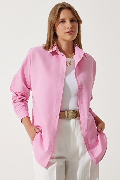 Happiness İstanbul Women's Pink Oversize Long Basic Shirt DD00842