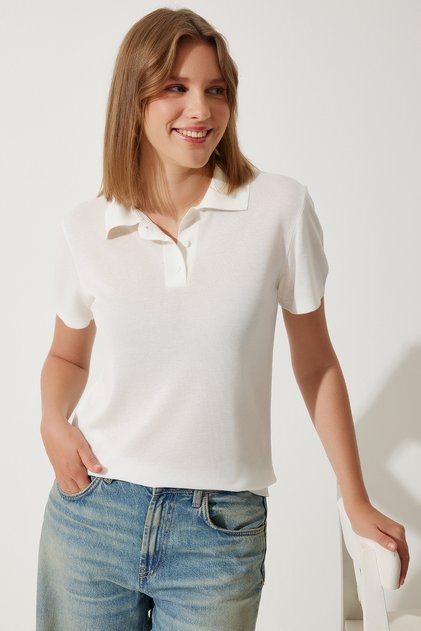 Women's Ecru Polo Neck Light Transparent Summer Knitwear Blouse YY00209