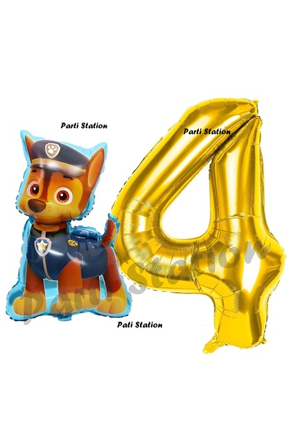Paw Patrol Balloons, Paw Patrol Police Dog Chase 4 Years Old Balloons and Gold Number Balloons Birthday Party Set