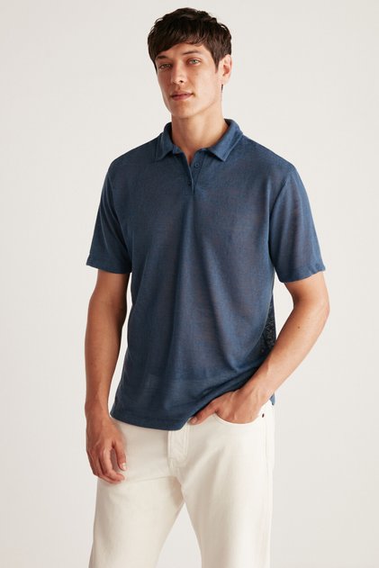 Toby Men's Polo Linen Look Tiril Tiril Fabric Navy Blue Polo Collar T-shirt