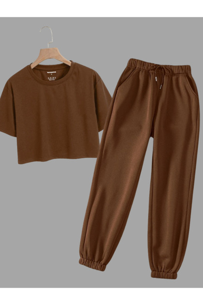 Women's Plain Special Colored Oversize Combed Cotton Crew Neck Crop Tracksuit Set