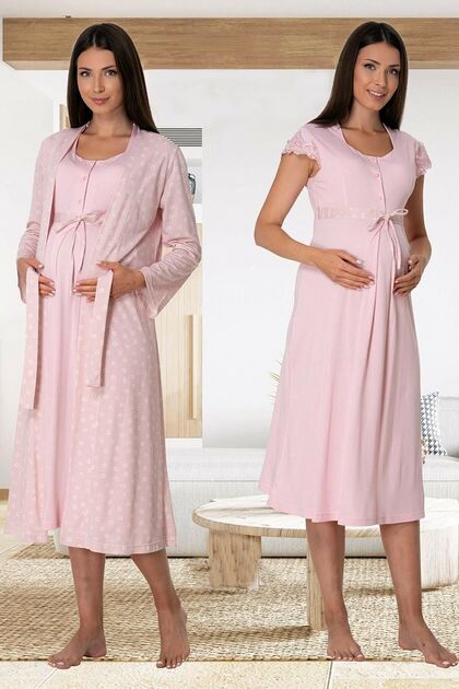 Women's Pink Patterned Buttoned Dressing Gown Set of 2 Maternity Nightgown Set
