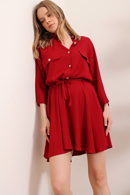Trend Alaçatı Stili Kadın Tarçın Safari Dokuma Gömlek Elbise ALC-X6196 - 2
