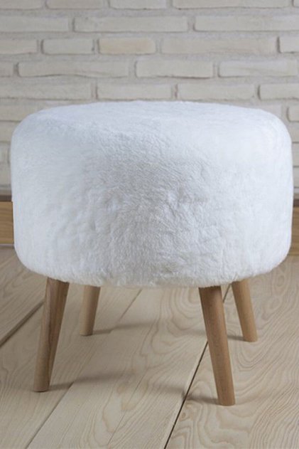 Yuvarlak Beyaz Peluş Puf Ahşap Ayak