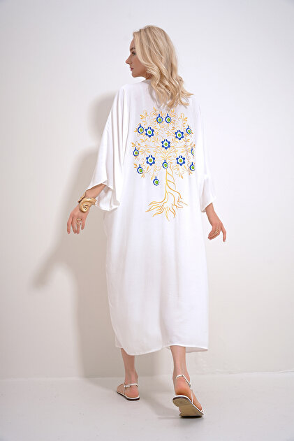 Women's White Back and Pockets Wishing Tree Printed Buttoned Front Woven Viscose Dress ALC-X12011