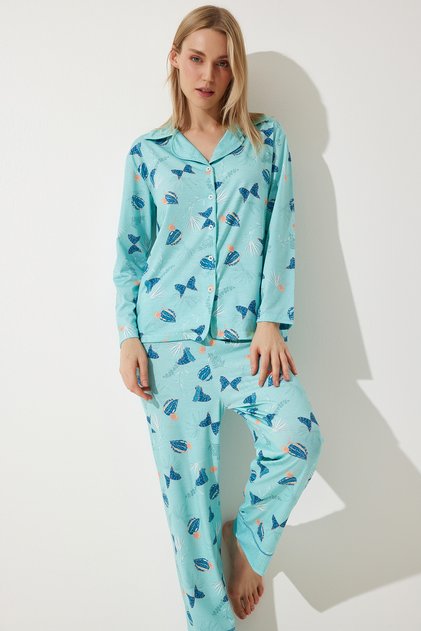 Women's Aqua Green Patterned Shirt-Pants Knitted Pajama Set TK00092
