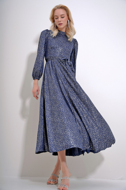 Women's Navy Blue Crew Neck Princess Sleeve Foil Pattern Back Zipper Maxi Length Dress ALC-X12030