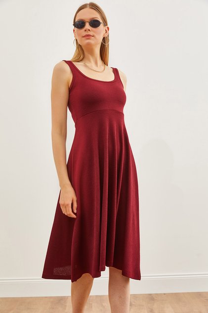 Women's Burgundy Strap Flowing Twisted Flared Dress ELB-19002152