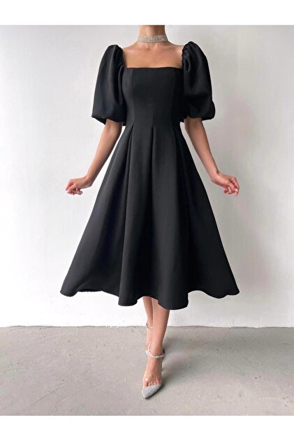 GILLA's Queen Black Princess Midi Dress - Square Collar and Balloon Sleeve  Detail- Trendyol