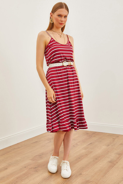 Women's Burgundy Striped Thin Strap Elastic Waist Knitted Viscose Dress ELB-19002155
