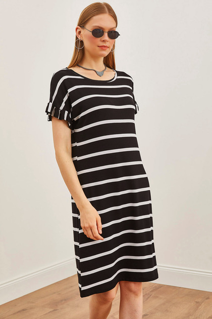 Women's Black Striped Sleeve Ruffle Knitted Viscose Mini Dress ELB-19002156