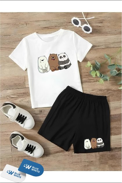 Boys/Girls' 3-Piece PANDA Printed T-Shirt-Shorts Set