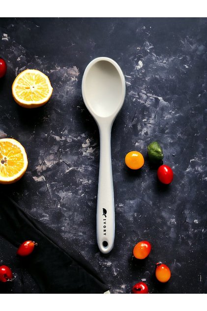 Ivory Hard Tip Heat Resistant Fireproof Non-Stick Silicone 28 cm Spoon - Cream Color - 1 Piece