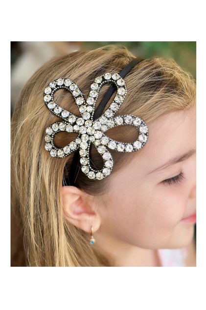 Luxury Custom Designed Oversized Crystal Embellished Flower Daisy Satin Tiara for Women and Children, Black
