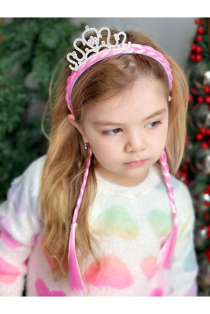 Luxury princess queen embellished crown long braided hairpiece child Rapunzel crown birthday crown pink