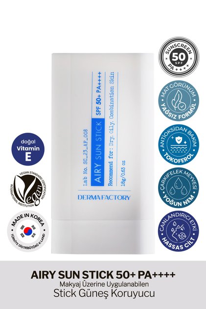 Derma Factory Airy Sun Stick SPF 50+ PA++++ Matte Stick Sun Protection for Oily and Combination Skin