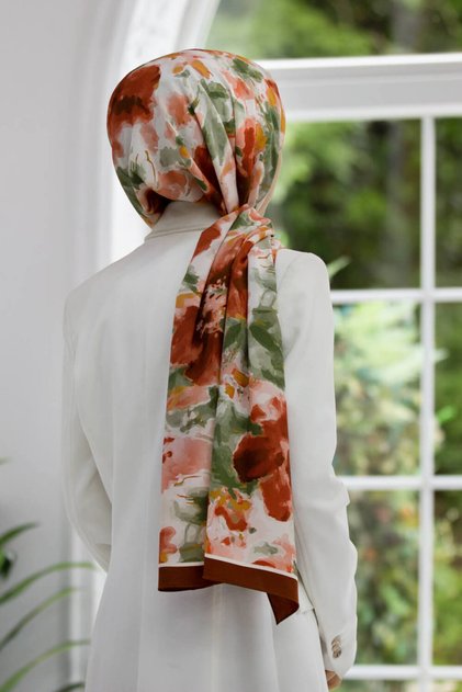 Luxury Medina Silk Flower Patterned Mink Color 75X195 Wrinkle Free Shawl Moss Crepe Stitching Type Italian Stitching