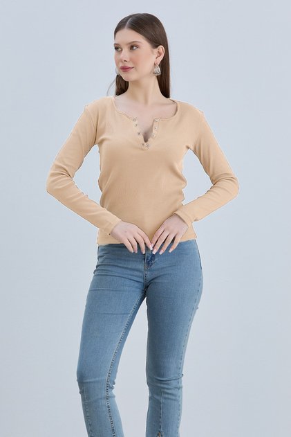 Kadın Kaşkorse Yakası Çıtçıtlı Uzun Kol Bluz - Bej 3