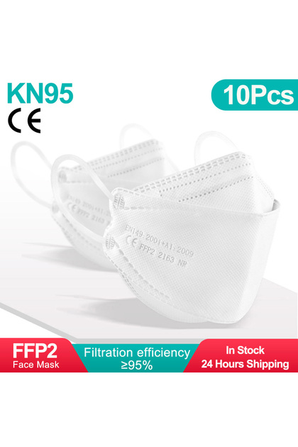 Aldult 10pcs-white Adult Fish Shape Certified KN95 FFP2 Mask 4 Layers Black Fabric Mascarillas Mouth
