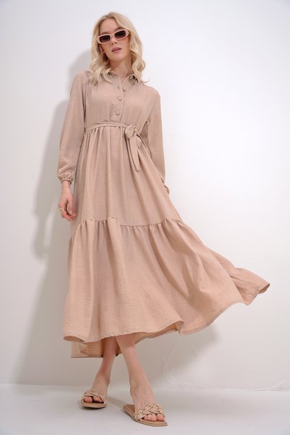 Women's Beige Buttoned Front Skirt Flounced Flamed Linen Maxiboy Dress ALC-X12045
