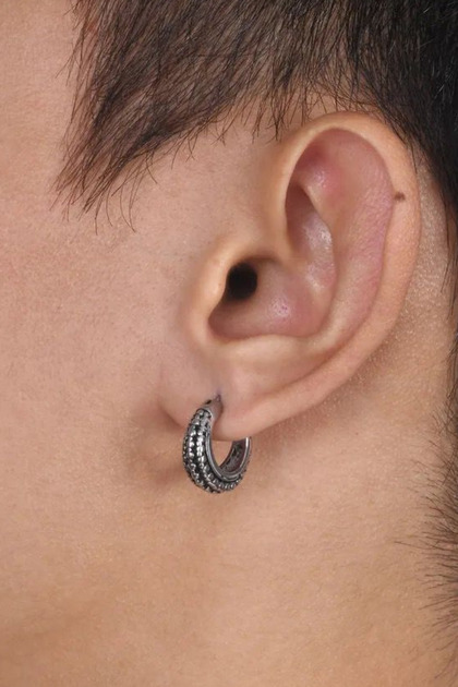 Unisex Grey Gothic Steel Hoop Earrings with Viking Motif