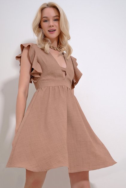 Camel V-Neck Flounced Sleeves Zippered Back Aerobin Linen Woven Dress Alc-X11854