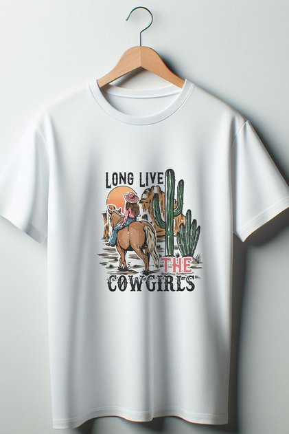 تيشيرت أبيض كبير الحجم مطبوع عليه CowGirl للجنسين بياقة دائرية